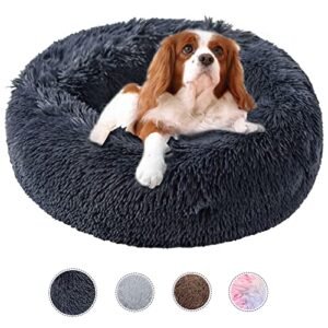 Kimpets Dog Bed Calming Dog Beds for Small Medium Large Dogs - Round Donut Washable Puppy Dog Bed, Anti-Slip Faux Fur Fluffy Donut Cuddle Anxiety Cat Pet Bed(20" Dark Grey)