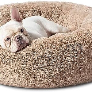 Bedsure Calming Dog Bed for Medium Dogs - Donut Washable Medium Pet Bed, 30 inches Anti-Slip Round Fluffy Plush Faux Fur Cat Bed, Fits up to 45 lbs Pets, Camel