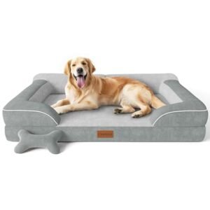 CWAWZ Extra Large Dog Bed, Orthopedic Dog Bed with Cooling Gel Memory Foam, Waterproof XL Dog Bed with Removable Washable Cover, 42" Dog Sofa Couch Dutch Velvet with Bone Toy, Light Gray