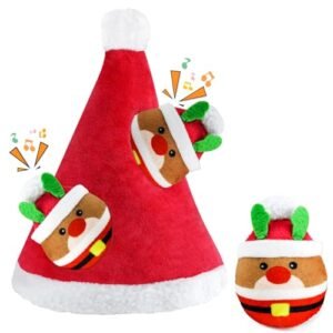 Fuufome Christmas Squeaky Dog Toys - 4 Pack Hide and Seek Dog Toys - Plush Dog Toys - Christmas Hat, Christmas Elk Interactive Dog Toys for Puppy, Small, Medium Dogs