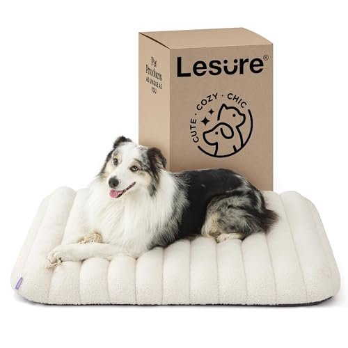 Lesure Orthopedic Dog Bed for Large Dogs, Waterproof Chic Flat Dog Bed with Removable Cover, Thick Egg Crate Foam, Cute Fuzzy Pet Beds for Indoor Dogs (36" x 27", Cream)