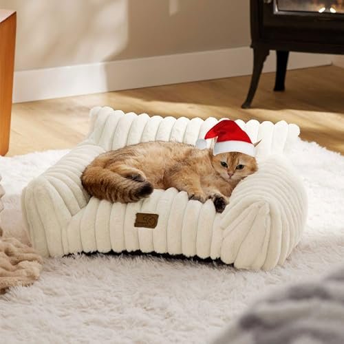 Bedsure Cute Cat Couch for Pets - Fluffy Cat Sofa with Premium Soft Corduroy Fleece, Fuzzy Cat Couch Bed with Removable Washable Cover, Supportive Cat Chair for Indoor Cats, 24inch, Cream
