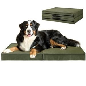 EHEYCIGA Foldable Waterproof Dog Beds for Extra Large Dogs - Outdoor Orthopedic Dog Bed with Washable Removable Cover, XL Pet Bed Mattress with Handle, Olive Green, 44 x 32 x 3.5 inches