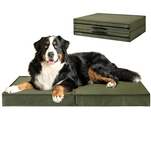 EHEYCIGA Foldable Waterproof Dog Beds for Extra Large Dogs - Outdoor Orthopedic Dog Bed with Washable Removable Cover, XL Pet Bed Mattress with Handle, Olive Green, 44 x 32 x 3.5 inches