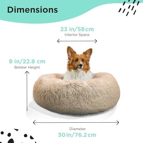 Plush Calming Donut Pet Bed - Cozy Shag Fur Dog & Cat Comfort Bed, Taupe M - Image 3