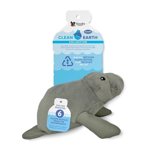 Spunky pup Clean Earth Plush Dog Toy with Squeaker - Recycled, Eco-Friendly, Floats for Beach, Lake, Pool - Manatee, Small
