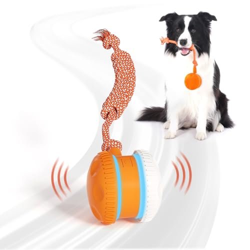 QGI Interactive Dog Ball, Random Path Electric Automatic Moving and Rolling Dog Toy with Rope for Small Medium Large Dogs, Motion-Activated Dog Stimulation Toy for Boredom Relief (Orange-Red)