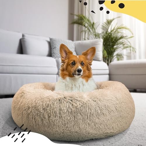 Plush Calming Donut Pet Bed - Cozy Shag Fur Dog & Cat Comfort Bed, Taupe M - Image 5