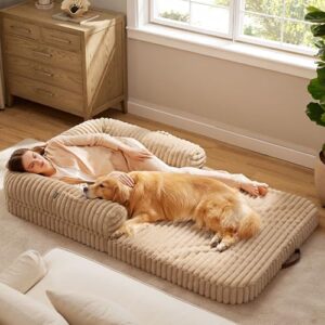 Bedsure Foldable Human Dog Bed for People Adult, 2 in 1 Corduroy Fleece Calming Human Size Giant Waterproof Dog Bed Fits Pet Families with Egg Foam, Faux Fur Orthopedic Dog Sofa, Tuscan Beige