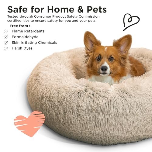 Plush Calming Donut Pet Bed - Cozy Shag Fur Dog & Cat Comfort Bed, Taupe M - Image 6