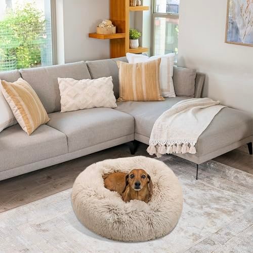 Calming Donut Dog & Cat Bed, Shag Fur, Taupe, Small 23x23 - Cozy & Soothing - Image 2