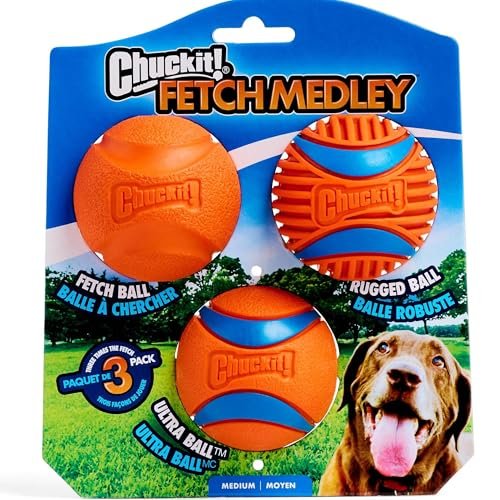 Chuckit! Gen 3 Fetch Medley Dog Balls - Includes the High-Bounce Fetch Ball, Floating Ultra Ball, and Rugged Ball - Durable Rubber Toys for Dogs 20-60 lbs - Size Medium - 2.5-inch Diameter - Set of 3