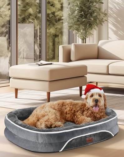 OhGeni Orthopedic Dog Bed for Extra Large Dogs, Dog Couch Design with Egg Foam Support, Removable, Machine Washable Plush Cover and Non-Slip Bottom with Four Sided Bolster Cushion (Gray)