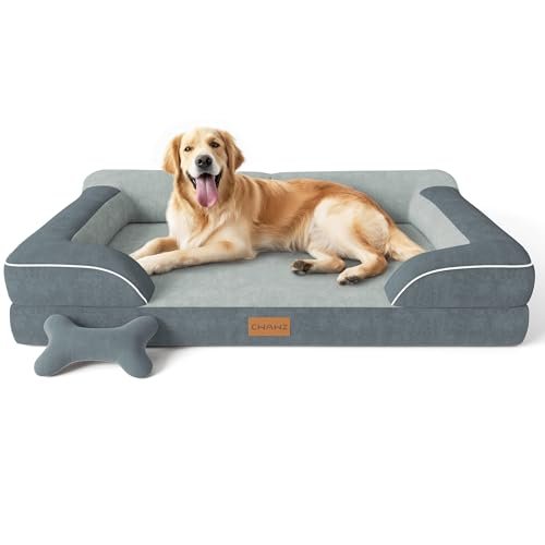 CWAWZ Extra Large Dog Bed, Orthopedic Dog Bed with Cooling Gel Memory Foam, Waterproof XL Dog Bed with Removable Washable Cover, 42" Dog Sofa Couch Dutch Velvet with Bone Toy, Dark Gray