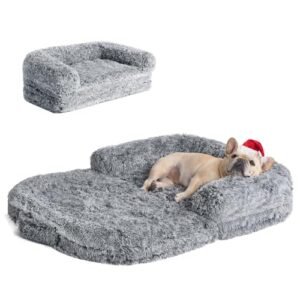 EHEYCIGA Foldable XL Dog Bed, Faux Fur Fluffy Dog Bed for Extra Large Dogs, Orthopedic Calming Memory Foam XL Dog Couch Bed, Washable Soft Warm Dog Sofa Bed with Non-Slip Bottom, Grey, 40"x30"x6"