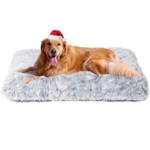 EHEYCIGA Fluffy Dog Crate Bed for Extra Large Dogs, Plush Faux Fur Dog Crate Pad, Calming Anti Anxiety XL Dog Bed for Crate, Washable Soft Warm Dog Crate Mat with Non-Slip Bottom, Grey
