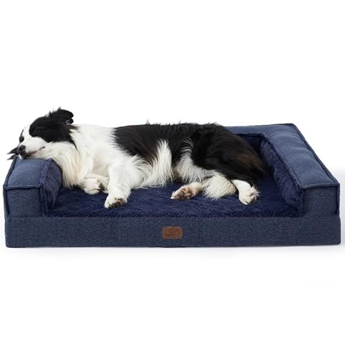 Bedsure Orthopedic Dog Bed for Large Dog - Supportive Egg Foam Dog Sofa Bed, Bolster Couch Pet Bed with Removable Waterproof Washable Cover, Comfy Plush Velvet Fluff Surface, Nonskid Bottom, Deep Blue