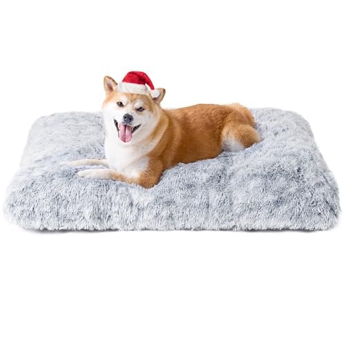 EHEYCIGA Fluffy Dog Crate Bed for Large Dogs, Plush Faux Fur Dog Crate Pad, Calming Anti Anxiety Large Dog Bed for Crate, Washable Soft Warm Dog Crate Mat with Non-Slip Bottom