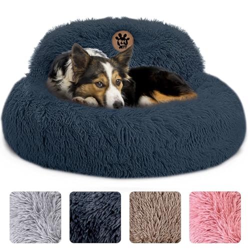 PetJett Calming Dog Bed for Medium Dogs - 30'' Donut Dog Beds for Small, Medium, Large Dogs, Anti-Slip & Washable Round Dog Bed - Fluffy Pet Bed, Anti-Anxiety Puppy Bed, Fits Up to 45 lbs, Dark Grey
