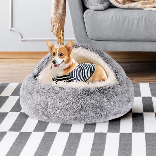 Cozy Round Hooded Cat & Dog Bed - Faux Fur Cave for Small Pets, Self-Warming - Image 2
