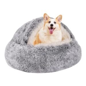 Round Hooded Cat Bed & Dog Bed with Cover Cave, Dog Bed for Small Dogs, Faux Fur Cuddler Round Coved Cat Bed Self Warming Donut Dog Bed Fits up to 22 lbs Pets (Gray, 24inch x 24inch)