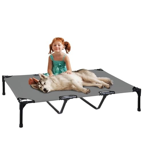 FIOCCO Elevated Dog Bed - Dog Cot with Chew Proof Mesh for X-Large Dogs, Waterproof Washable Raised Dog Bed, Portable Dog Bed for Outdoor Use, Dog Cots Beds, Grey