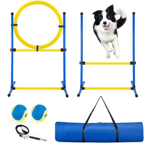 JRUICFDY Dog Agility Training Equipment, Dog Agility Course Backyard Set, Pet Outdoor & Indoor Obstacle Course, with Agility Hurdle, Jump Ring, Toy Balls and Storage Bag