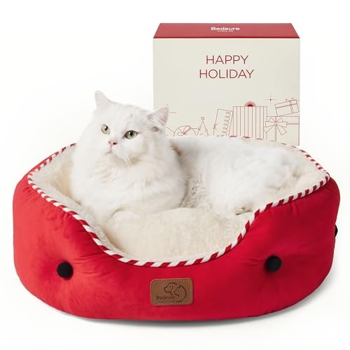 Bedsure Christmas Dog Beds for Small Dogs - Christmas Cat Beds for Indoor Cats, Washable Pet Bed for Puppy and Kitten with Slip-Resistant Bottom, 20 Inches, Antique Red