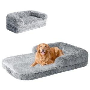 EHEYCIGA Foldable XXL Dog Bed, Faux Fur Fluffy Dog Bed for Extra Large Dogs, Orthopedic Calming Memory Foam Big Dog Couch Bed, Washable Soft Dog Sofa Bed with Non-Slip Bottom, Grey, 54"x38"x7.5"