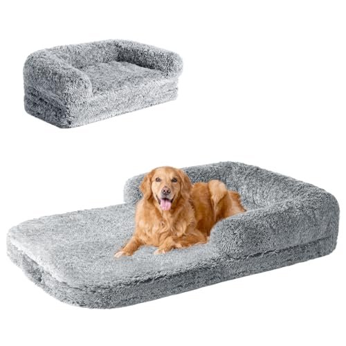 EHEYCIGA Foldable XXL Dog Bed, Faux Fur Fluffy Dog Bed for Extra Large Dogs, Orthopedic Calming Memory Foam Big Dog Couch Bed, Washable Soft Dog Sofa Bed with Non-Slip Bottom, Grey, 54"x38"x7.5"
