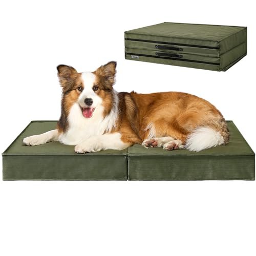 EHEYCIGA Foldable Waterproof Dog Beds for Large Dogs - Outdoor Orthopedic Dog Bed with Washable Removable Cover, Pet Bed Mattress with Handle, Olive Green, 36 x 27 x 3.5 inches