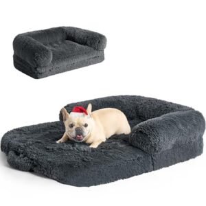 EHEYCIGA Foldable XL Dog Bed, Faux Fur Fluffy Dog Bed for Extra Large Dogs, Orthopedic Calming Memory Foam XL Dog Couch Bed, Washable Soft Warm Dog Sofa Bed with Non-Slip Bottom, Dark Grey, 40"x30"x6"