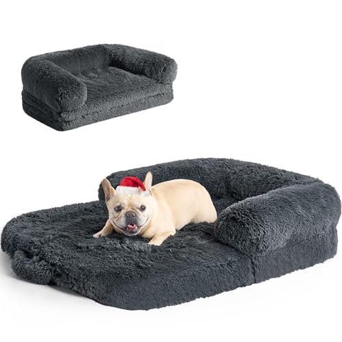 EHEYCIGA Foldable XL Dog Bed, Faux Fur Fluffy Dog Bed for Extra Large Dogs, Orthopedic Calming Memory Foam XL Dog Couch Bed, Washable Soft Warm Dog Sofa Bed with Non-Slip Bottom, Dark Grey, 40"x30"x6"