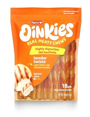 Hartz Oinkies Tender Twists with Real Chicken Breast Rawhide-Free Dog Treats, Highly Digestible Dog Chews, 18 Count