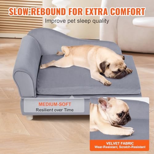 VEVOR Soft Velvet Pet Sofa for Medium Dogs & Cats, 50 lbs Capacity, Grey - Image 4