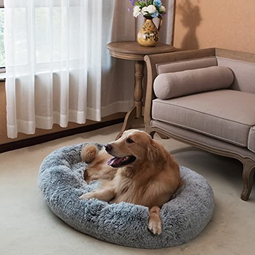 Coohom Oval Donut Cuddler Dog Bed - Plush, Washable, Calming (Grey) - Image 6