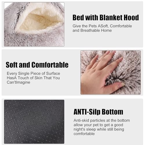 Cozy Washable Cat Cave & Small Dog Bed with Hooded Cover, Non-Slip, 24" - Image 3