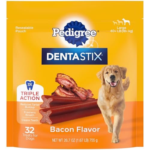 PEDIGREE DENTASTIX Large Dog Dental Treats Bacon Flavor Dental Bones, 1.67 lb. Pack (32 Treats)