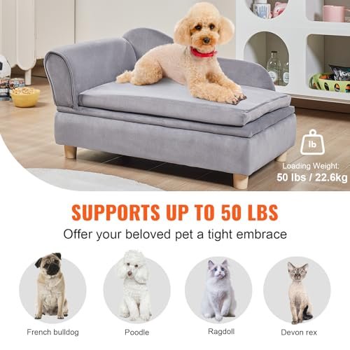 VEVOR Soft Velvet Pet Sofa for Medium Dogs & Cats, 50 lbs Capacity, Grey - Image 3