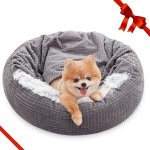 MIXJOY Small Dog Bed with Blanket Attached, Round Calming Hooded Cozy Cave Dog Beds for Small Dogs, Soft Plush Cuddler Puppy Pet Bed and Dog Burrow Cave Bed, Anti-Slip Bottom, 23inch
