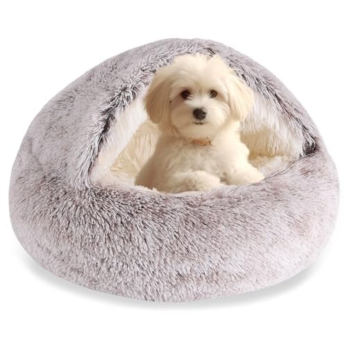 HYQ Small Dog Bed, Cozy Cat Cave Bed, Cat Beds for Indoor Cats Washable, Non-Slip Cat Beds, Calming Dog Bed with Hooded Cover, Dog Bed with Cover for Small Medium Pets (Coffee, 24×24 Inch)