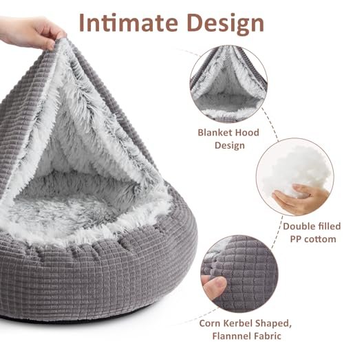 MIXJOY 23" Calming Small Dog Bed with Hooded Blanket & Anti-Slip Base - Image 3