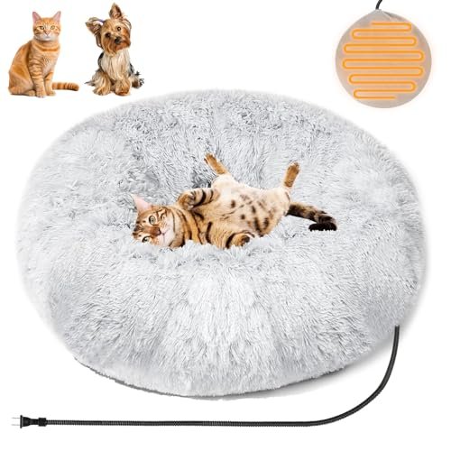 Evjeal Heated Cat Bed for Indoor Cats - Fluffy 23 Inch Donut Pet Bed with Removable Heating Pad for Cats & Small Dogs, Ideal for Year Round Comfort