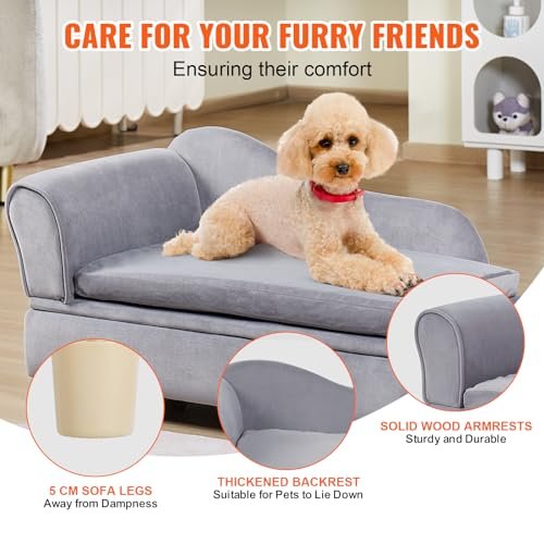 VEVOR Soft Velvet Pet Sofa for Medium Dogs & Cats, 50 lbs Capacity, Grey - Image 7