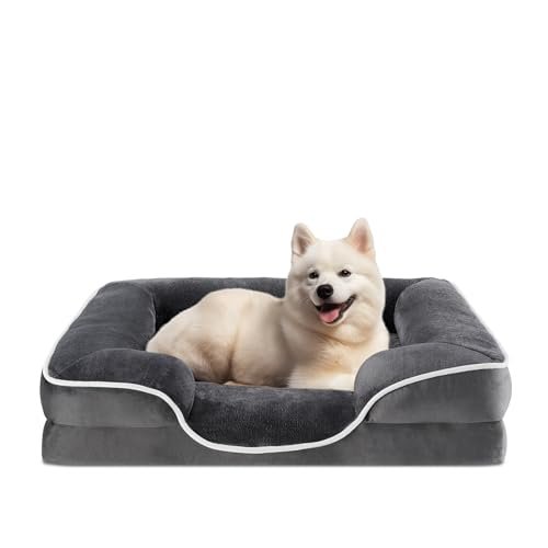 Sweetcrispy Orthopedic Dog Bed, Memory Foam Puppy Sleeping Sofa for Medium Pets with Washable Removable Cover Non-Slip Base Waterproof Liner Egg Crate for Improved Sleep, Grey, 28"L x 23"W x 6.5"Th