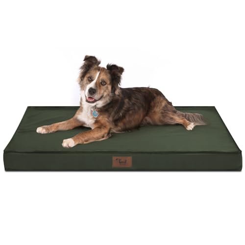 Tail Stories Outdoor All Weather Large Dog Bed, Waterproof Dog Bed for Large Dogs, Orthopedic Egg Foam Pet Bed with Washable and Removable Oxford Cooling Cover, Dark Green