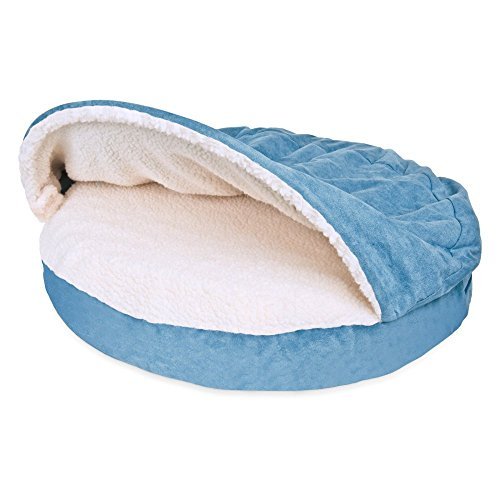 Furhaven 26" Round Orthopedic Dog Bed for Medium/Small Dogs w/ Removable Washable Cover, For Dogs Up to 30 lbs - Sherpa & Suede Snuggery - Blue, 26-inch