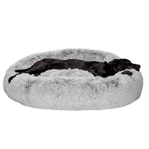 Furhaven 45" Round Calming Donut Dog Bed for Large Dogs, Refillable w/ Removable Washable Cover, For Dogs Up to 90 lbs - Shaggy Plush Long Faux Fur Donut Bed - Mist Gray, Jumbo/XL, 45.0"x45.0"x9.0"