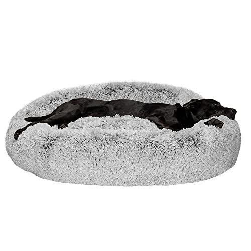 Furhaven 45" Round Calming Donut Dog Bed for Large Dogs, Refillable w/ Removable Washable Cover, For Dogs Up to 90 lbs - Shaggy Plush Long Faux Fur Donut Bed - Mist Gray, Jumbo/XL, 45.0"x45.0"x9.0"