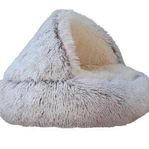 ZaneSun Calming Round Dog Beds &Cat Cave Bed with Hooded Cover,Plush Fluffy Dog Bed Anti-Anxiety Cat Cave Bed,Waterproof Bottom Washable (Coffee, 20x20inch)